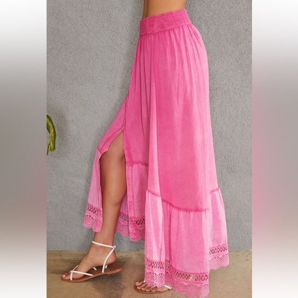 NEW BRAIDED ELASTIC WAIST RUFFLE BOTTOM LINEN COTTON HI LO MAXI SKIRT - Picture 3 of 6